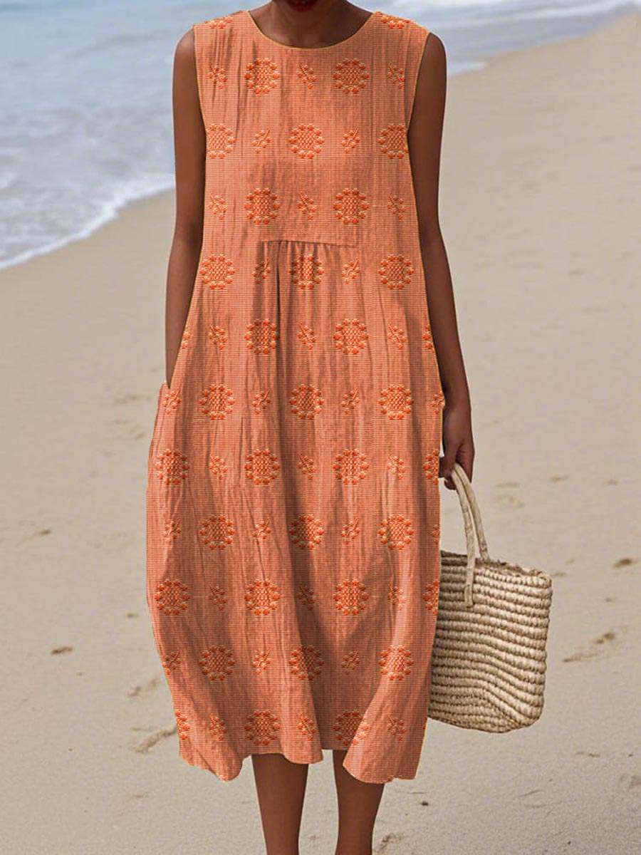 Sleeveless Floral Pattern Dress With Pockets | Cotton Linen Blend