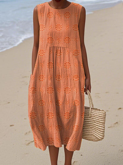 Sleeveless Floral Pattern Dress With Pockets | Cotton Linen Blend