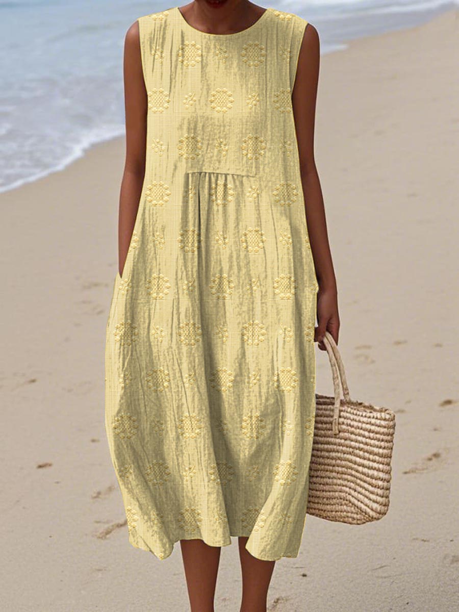 Sleeveless Floral Pattern Dress With Pockets | Cotton Linen Blend