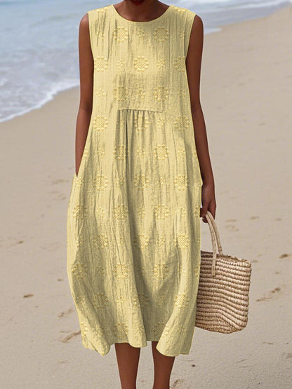 Sleeveless Floral Pattern Dress With Pockets | Cotton Linen Blend