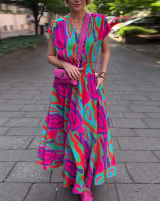 Roxana – Colorful Print Maxi Dress with V-neck and Raglan Sleeves