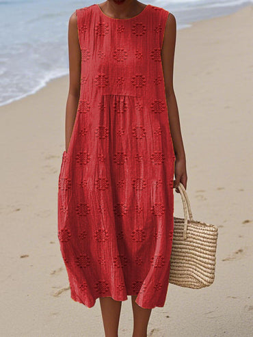 Sleeveless Floral Pattern Dress With Pockets | Cotton Linen Blend