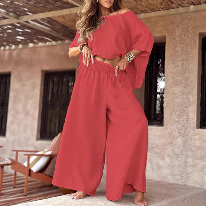 Off-Shoulder Top and Wide-Leg Trousers | Women's Two-Piece Set
