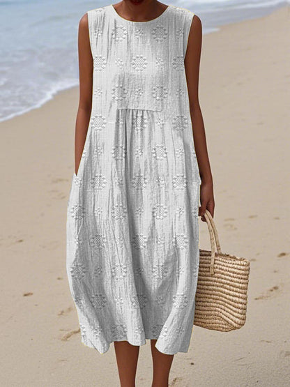 Sleeveless Floral Pattern Dress With Pockets | Cotton Linen Blend