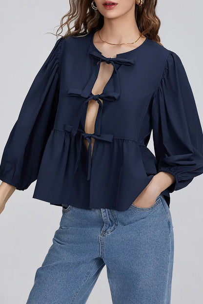 Essentials Loft™ | Puff Sleeve Peplum Bow Ties Blouse Top