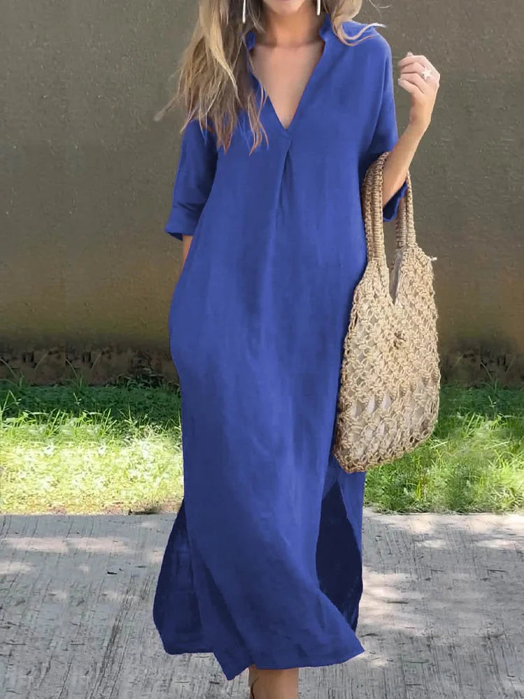 Clara | Solid Color V-Neck Pocket Dress