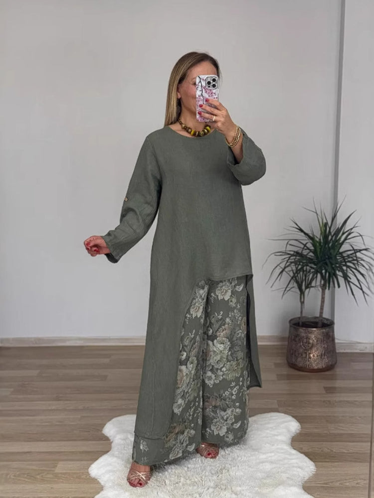 Casual Irregular Top and Wide Leg Trousers | Cotton and Linen Set