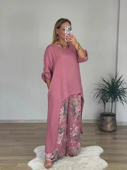 Casual Irregular Top and Wide Leg Trousers | Cotton and Linen Set