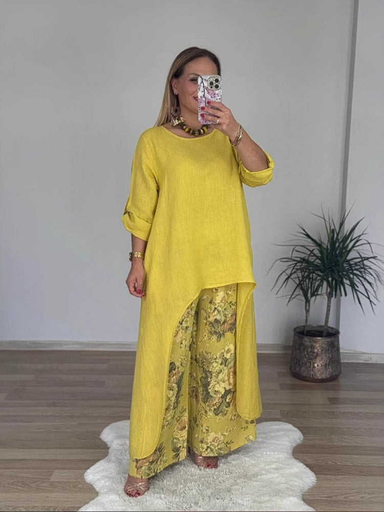 Casual Irregular Top and Wide Leg Trousers | Cotton and Linen Set
