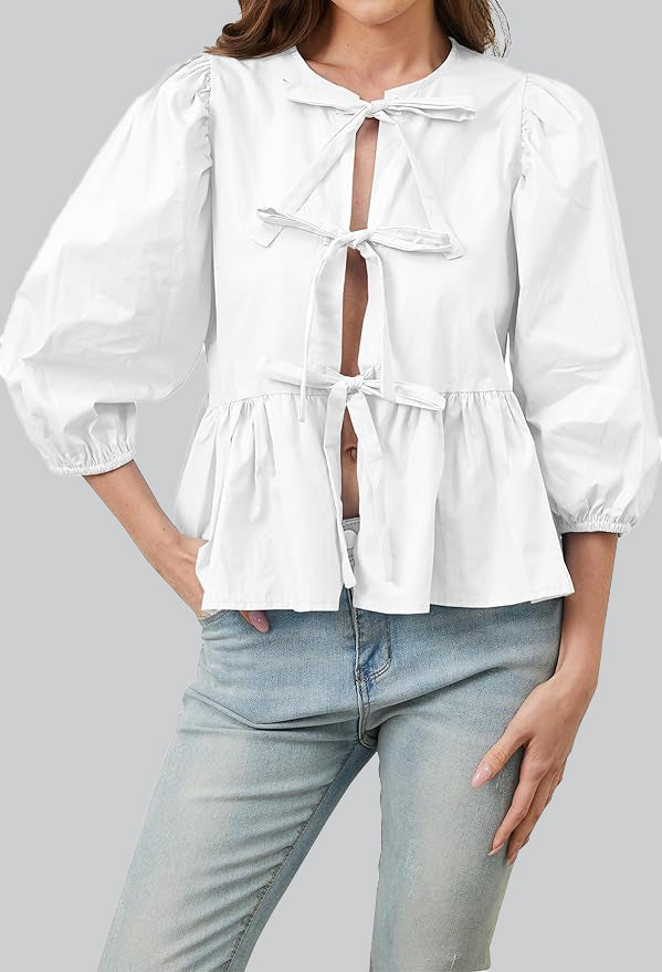 Essentials Loft™ | Puff Sleeve Peplum Bow Ties Blouse Top