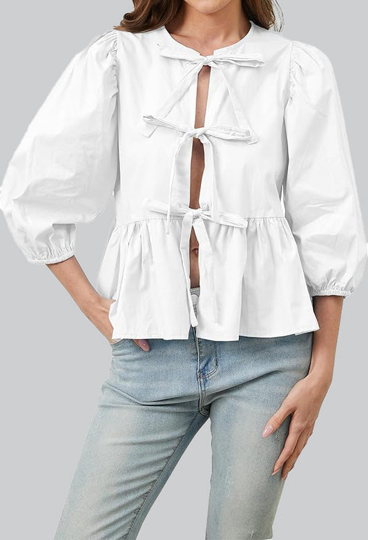 Essentials Loft™ | Puff Sleeve Peplum Bow Ties Blouse Top