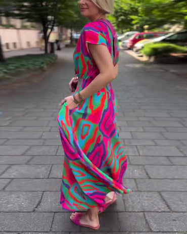 Roxana – Colorful Print Maxi Dress with V-neck and Raglan Sleeves