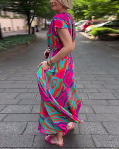 Roxana – Colorful Print Maxi Dress with V-neck and Raglan Sleeves