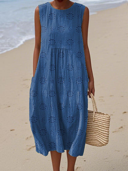 Sleeveless Floral Pattern Dress With Pockets | Cotton Linen Blend