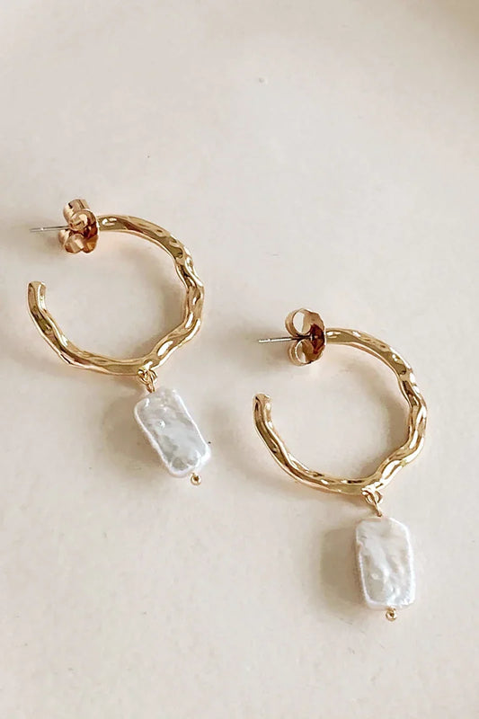 Essentials Loft™ | Beaten Metal Pearl Drop Hoops - Gold/Cream