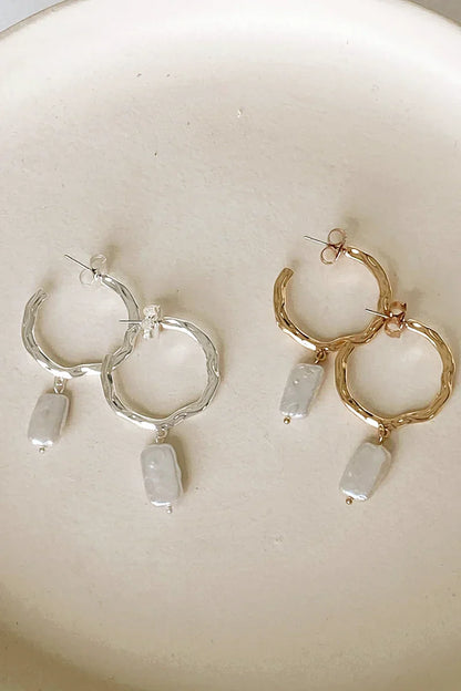 Essentials Loft™ | Beaten Metal Pearl Drop Hoops - Gold/Cream