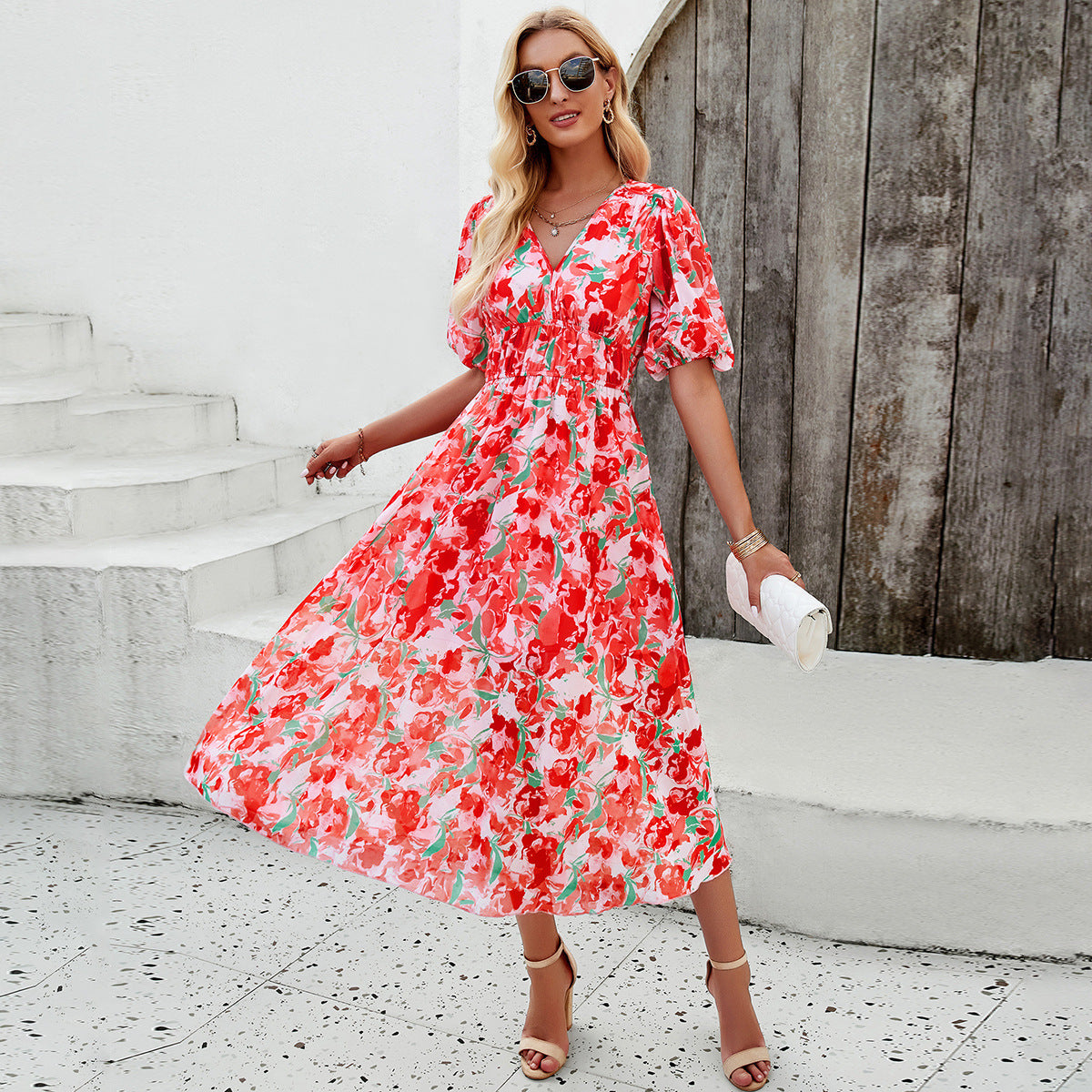 Vivian | Floral Puff Sleeve Midi Dress