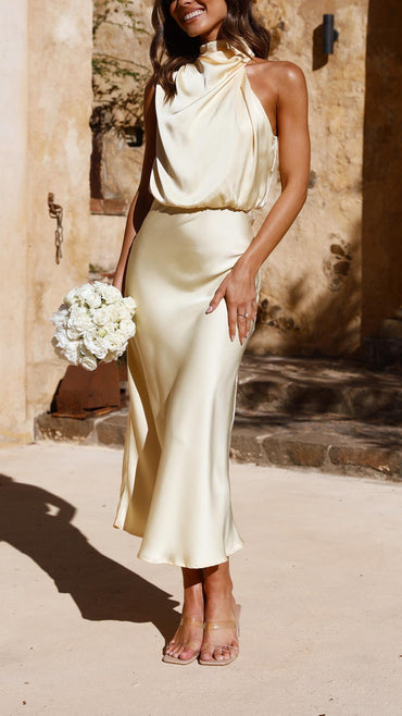 ESTELLA | YELLOW HIGH NECK DRAPED DRESS