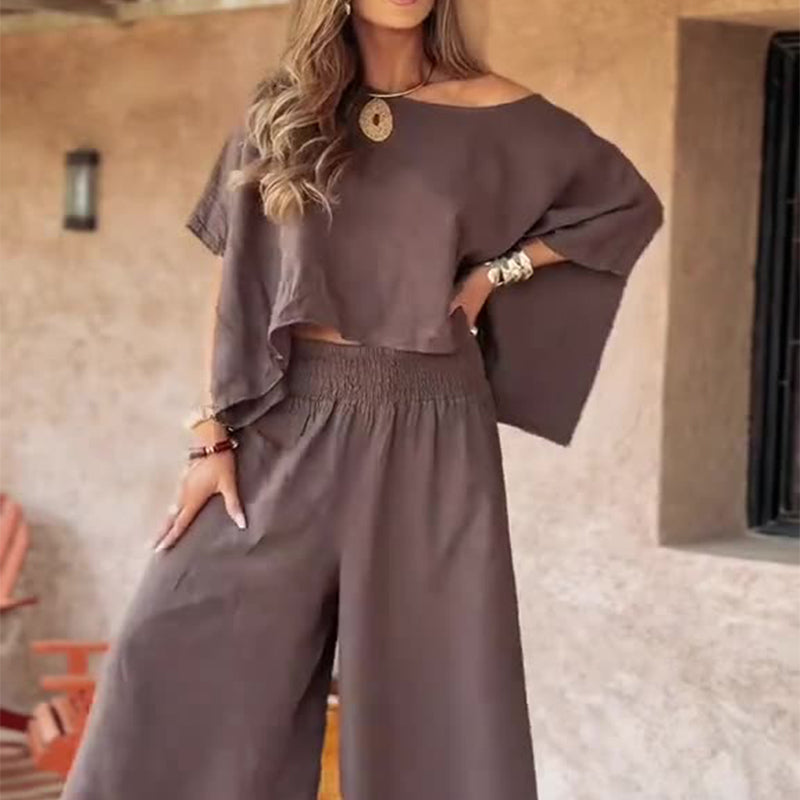 Off-Shoulder Top and Wide-Leg Trousers | Women's Two-Piece Set