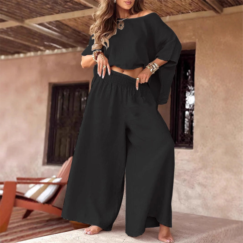 Off-Shoulder Top and Wide-Leg Trousers | Women's Two-Piece Set