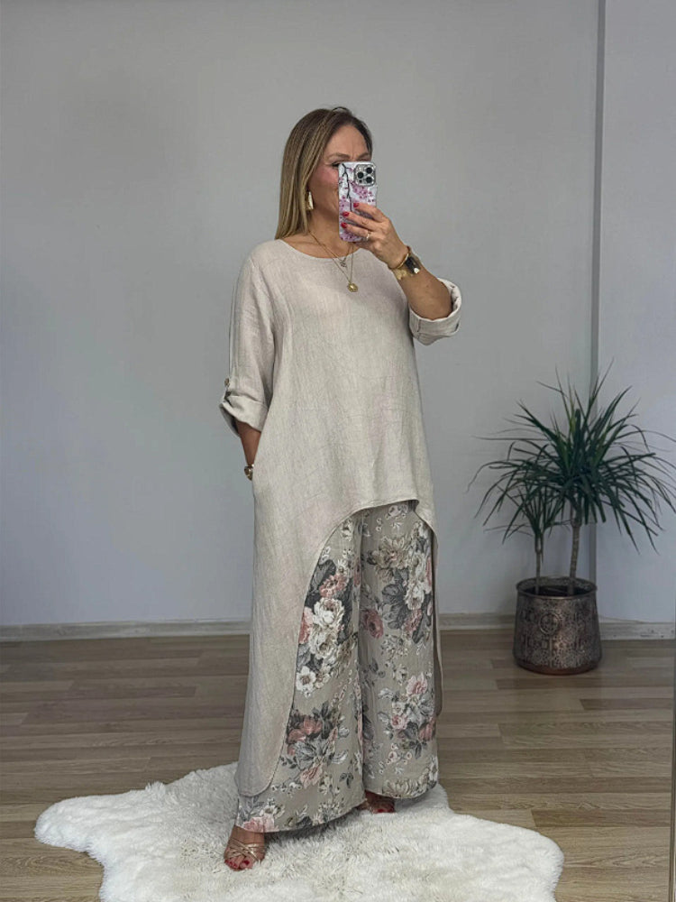 Casual Irregular Top and Wide Leg Trousers | Cotton and Linen Set