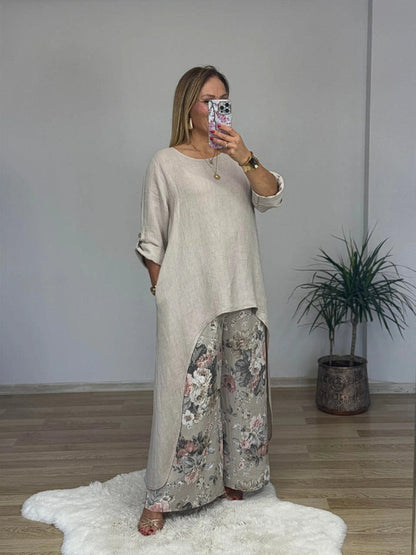 Casual Irregular Top and Wide Leg Trousers | Cotton and Linen Set
