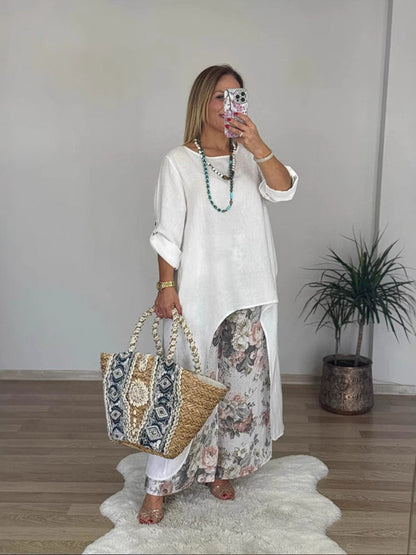 Casual Irregular Top and Wide Leg Trousers | Cotton and Linen Set