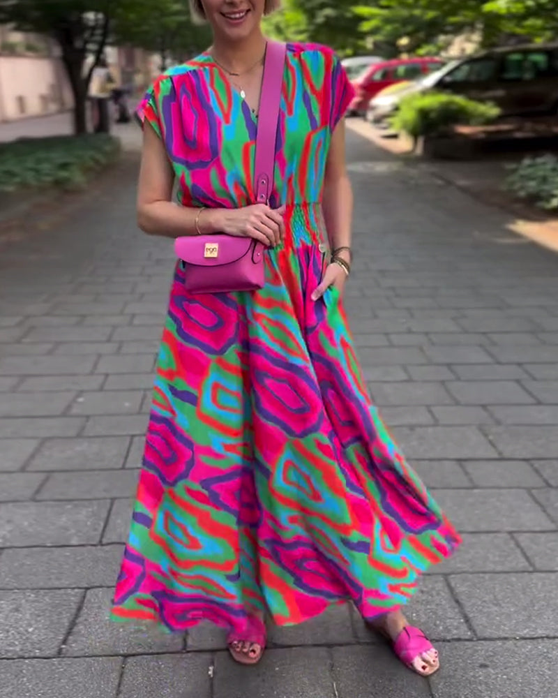 Roxana – Colorful Print Maxi Dress with V-neck and Raglan Sleeves