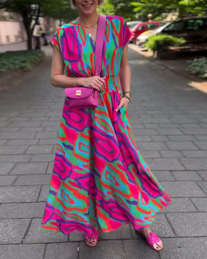 Roxana – Colorful Print Maxi Dress with V-neck and Raglan Sleeves