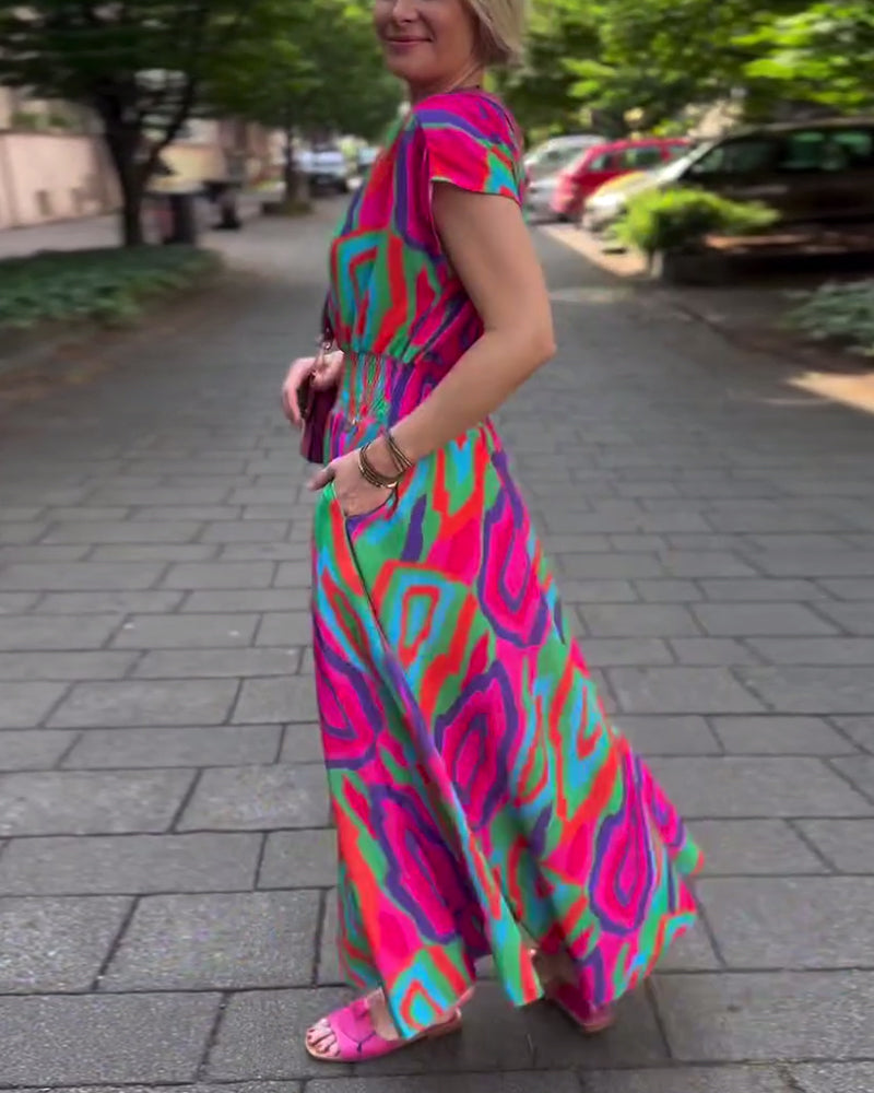 Roxana – Colorful Print Maxi Dress with V-neck and Raglan Sleeves