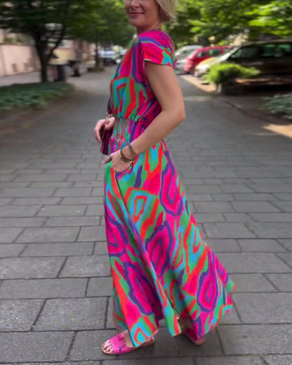 Roxana – Colorful Print Maxi Dress with V-neck and Raglan Sleeves
