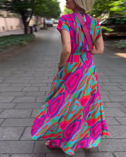 Roxana – Colorful Print Maxi Dress with V-neck and Raglan Sleeves