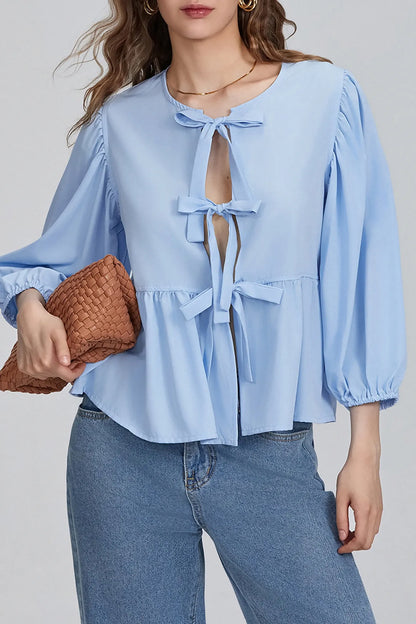 Essentials Loft™ | Puff Sleeve Peplum Bow Ties Blouse Top