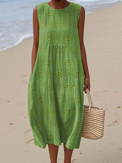 Sleeveless Floral Pattern Dress With Pockets | Cotton Linen Blend