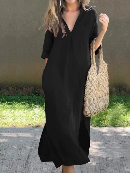 Clara | Solid Color V-Neck Pocket Dress