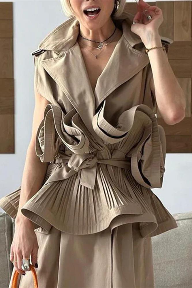 Suzanne | Lapel Collar Ruffle Polyester Top