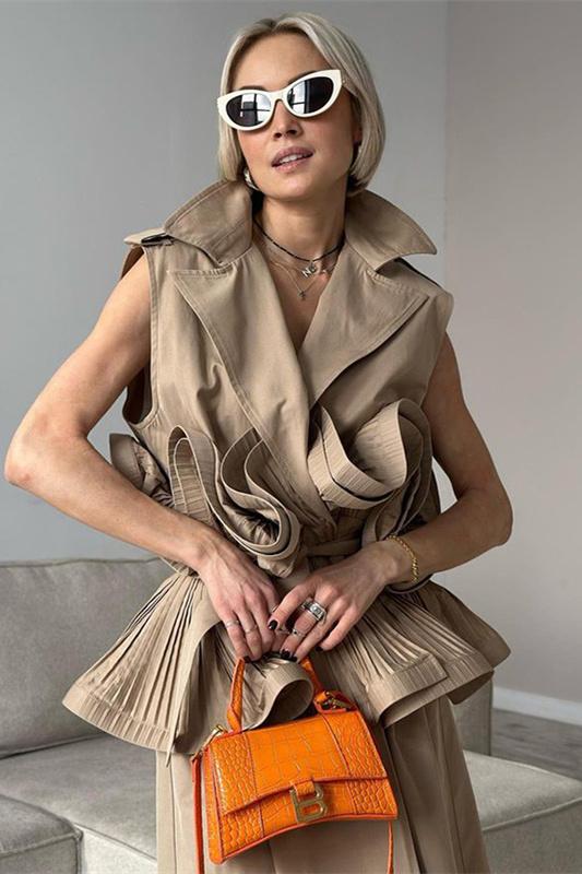 Suzanne | Lapel Collar Ruffle Polyester Top