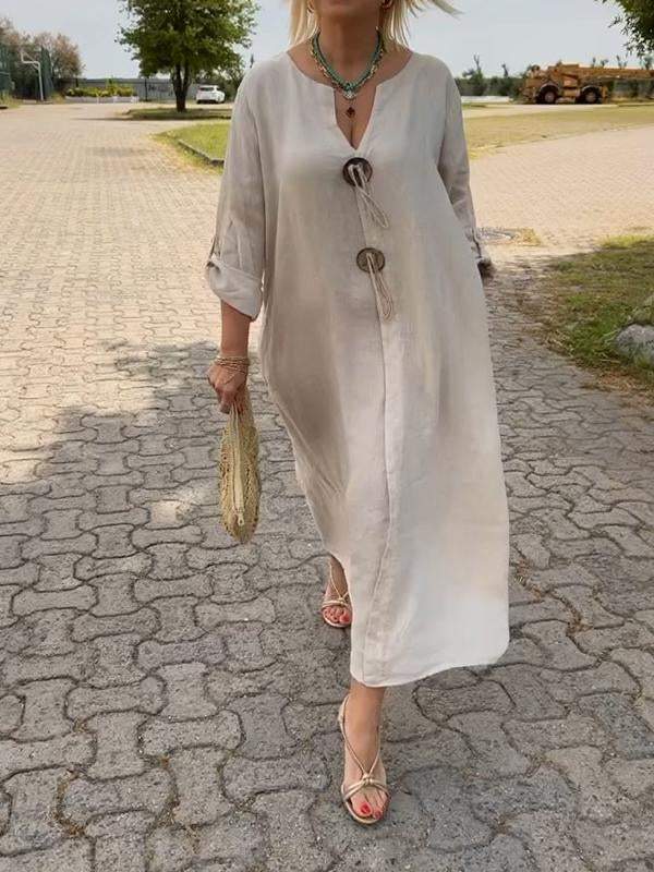 ROXANNE | CASUAL V-NECK COTTON AND LINEN DRESS