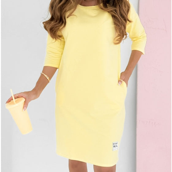 Camille – Round Neck 3/4 Sleeve Dress with Pockets