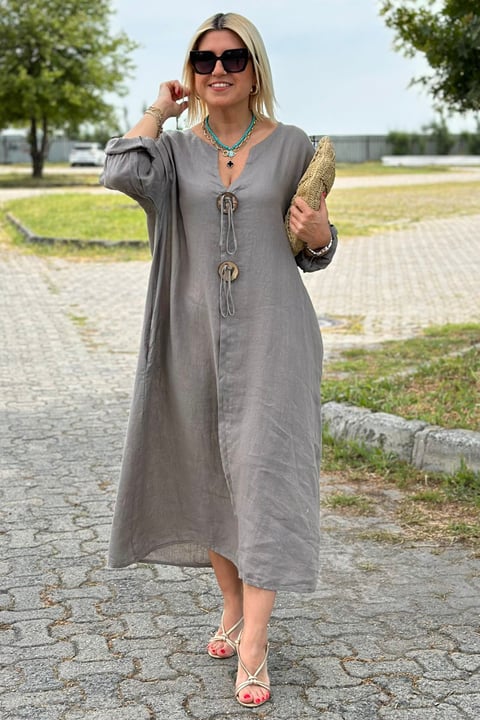 ROXANNE | CASUAL V-NECK COTTON AND LINEN DRESS