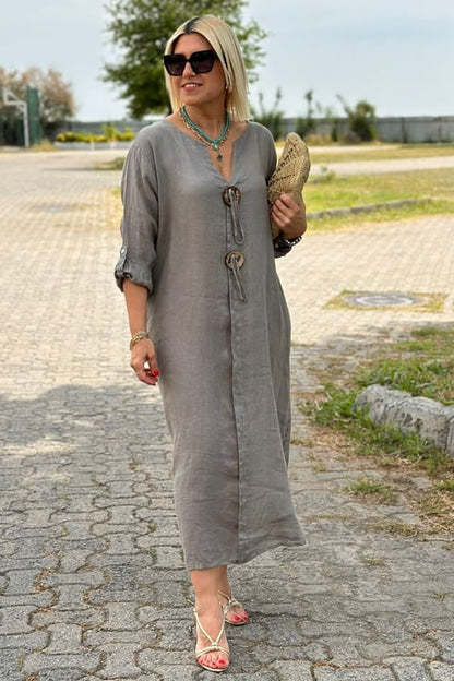 ROXANNE | CASUAL V-NECK COTTON AND LINEN DRESS