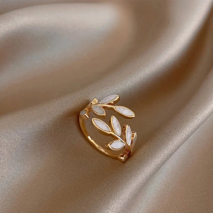 Harley - White Opal Leaf Adjustable Ring in Gold