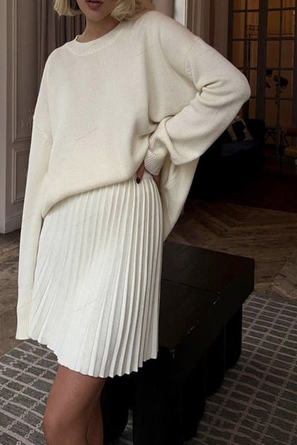 Essentials Loft™ | Solid Color Pullover Round Neck Sweater & Pleated Skirt Set
