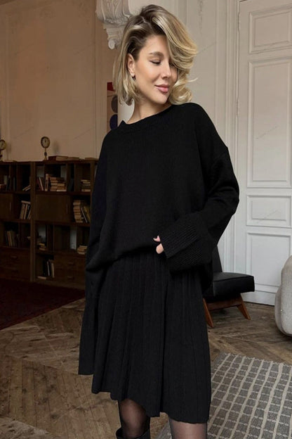 Essentials Loft™ | Solid Color Pullover Round Neck Sweater & Pleated Skirt Set