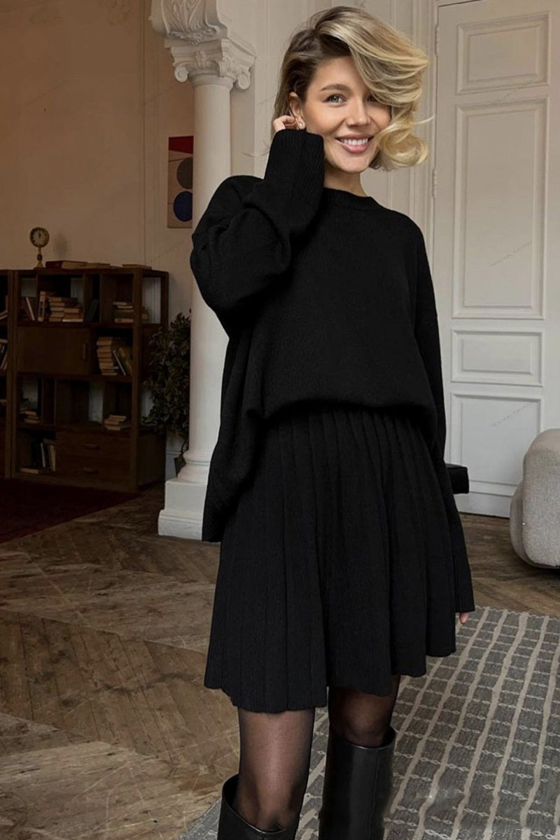 Essentials Loft™ | Solid Color Pullover Round Neck Sweater & Pleated Skirt Set