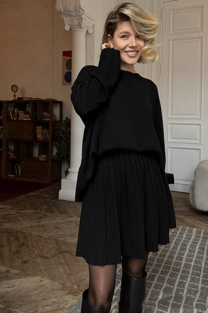 Essentials Loft™ | Solid Color Pullover Round Neck Sweater & Pleated Skirt Set