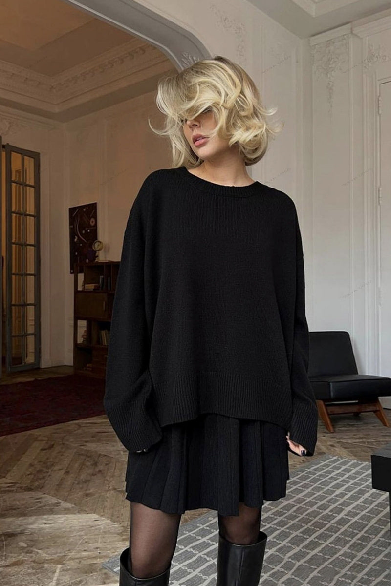 Essentials Loft™ | Solid Color Pullover Round Neck Sweater & Pleated Skirt Set
