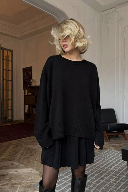 Essentials Loft™ | Solid Color Pullover Round Neck Sweater & Pleated Skirt Set