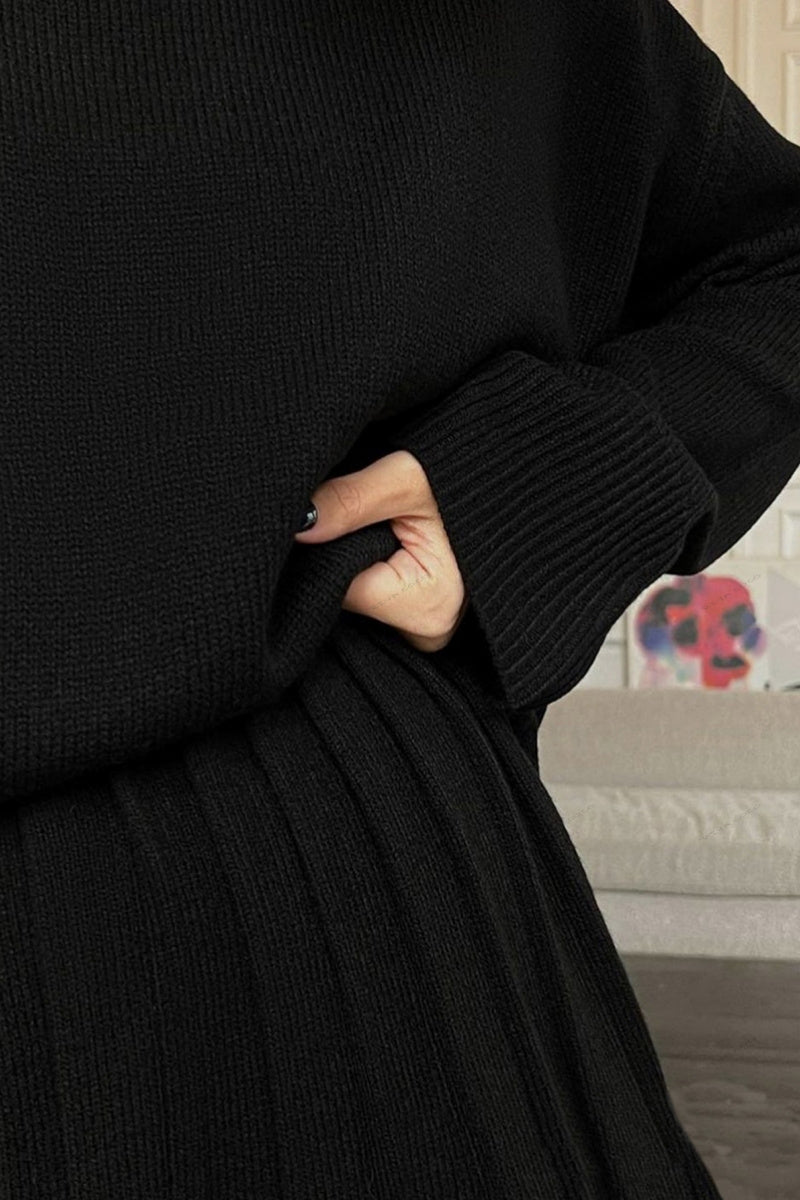 Essentials Loft™ | Solid Color Pullover Round Neck Sweater & Pleated Skirt Set